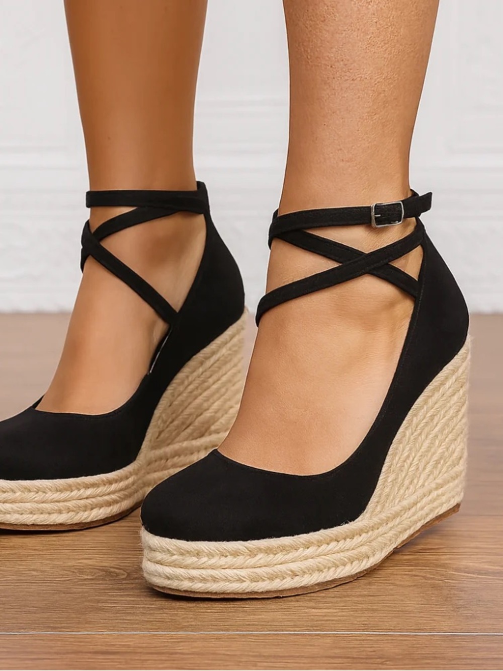 Black Crisscross Ankle Espadrille Wedge — Women